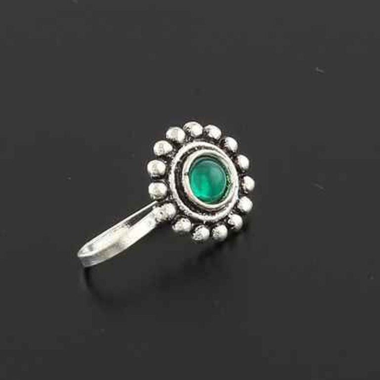 Oxidised Silver Greenstone Studded Clip On Nose Pin – Nakful House