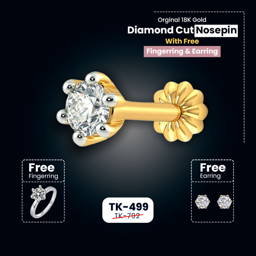 1 Stone Traditional 18K gold nosepin White with Free Finger Ring + Earring