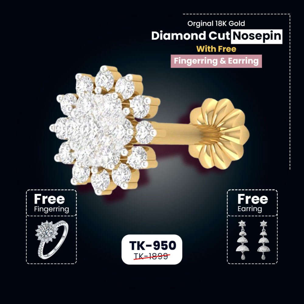 13 stone Traditional 18K gold Diamond Cut Nosepin with Free Finger Ring + Earring