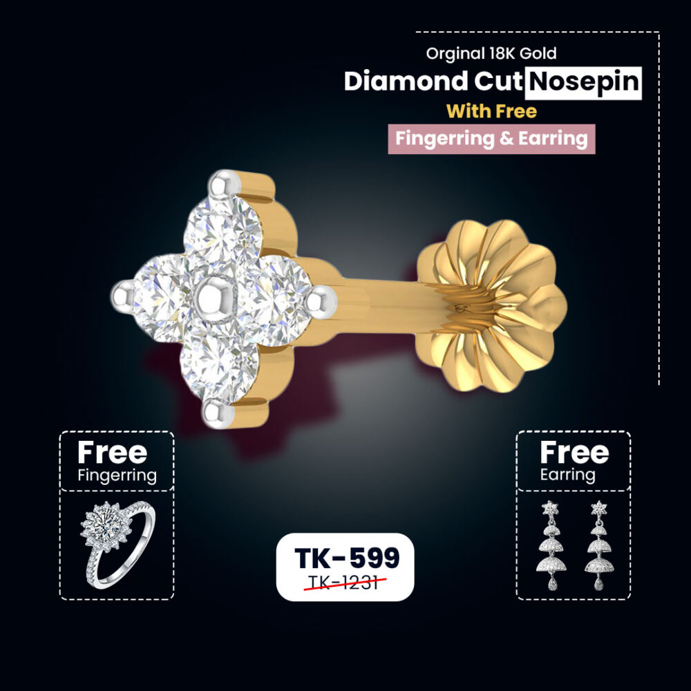 4 stone Traditional 18K gold Diamond Cut Nosepin with Free Finger Ring + Earring