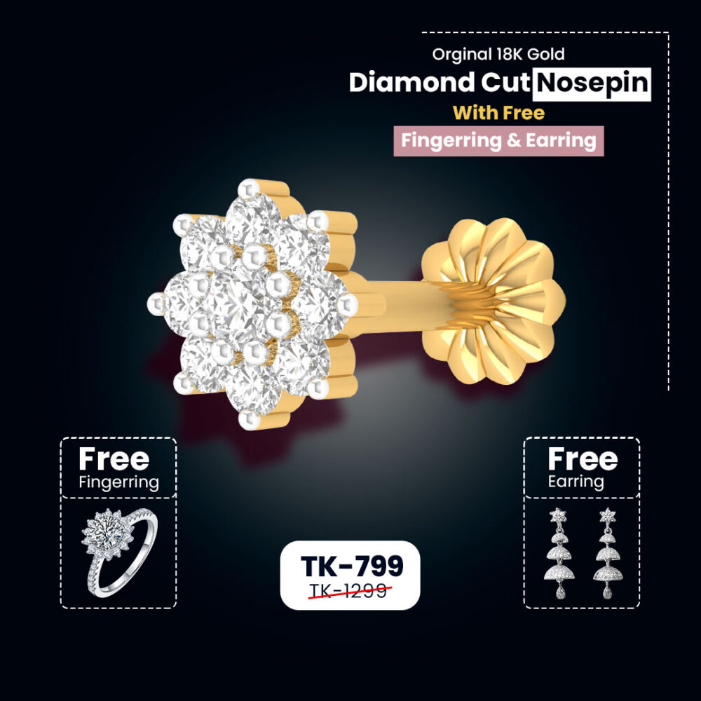 9 stone Traditional 18K gold Diamond Cut Nosepin with Free Finger Ring + Earring
