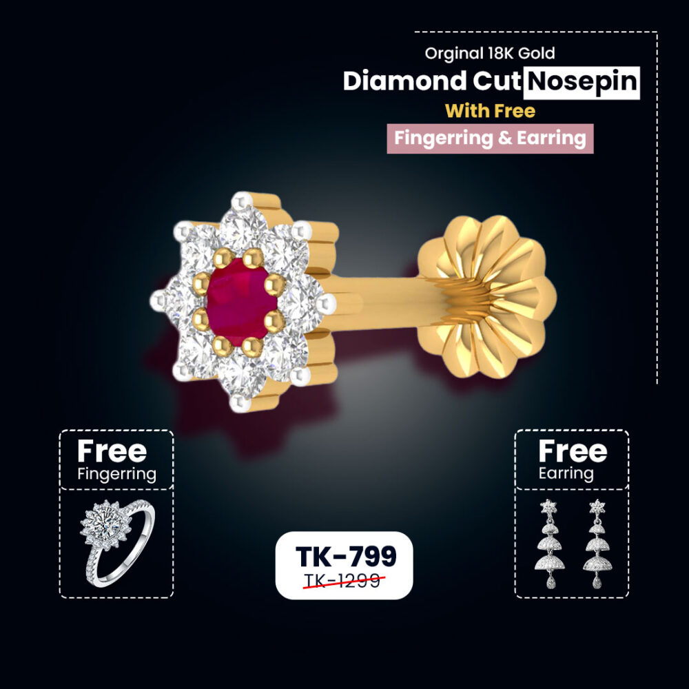 9 stone Traditional 18K gold Diamond Cut Middle Pink Nosepin with Free Finger Ring + Earring