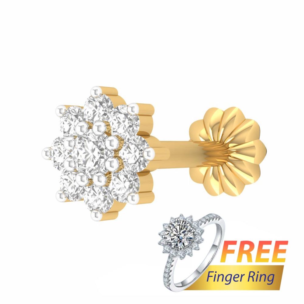 9 stone Traditional 18K gold Diamond Cut Nosepin + Free Finger Ring