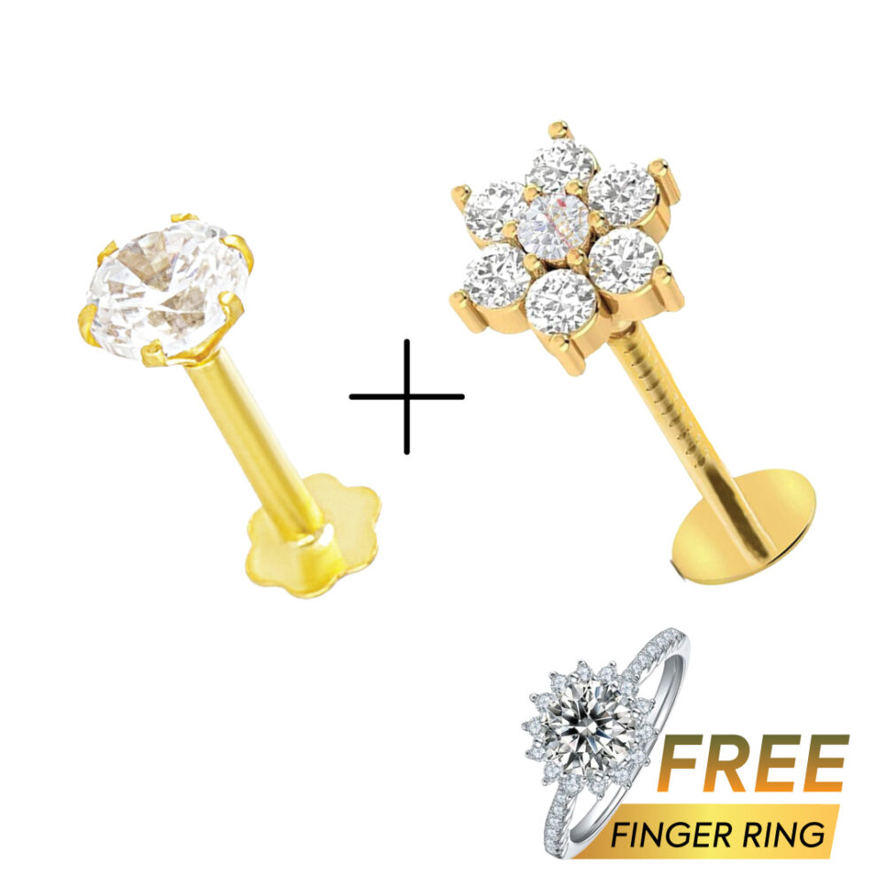 1+7 stone Traditional 18K gold Diamond Cut Nosepin + Free Finger Ring