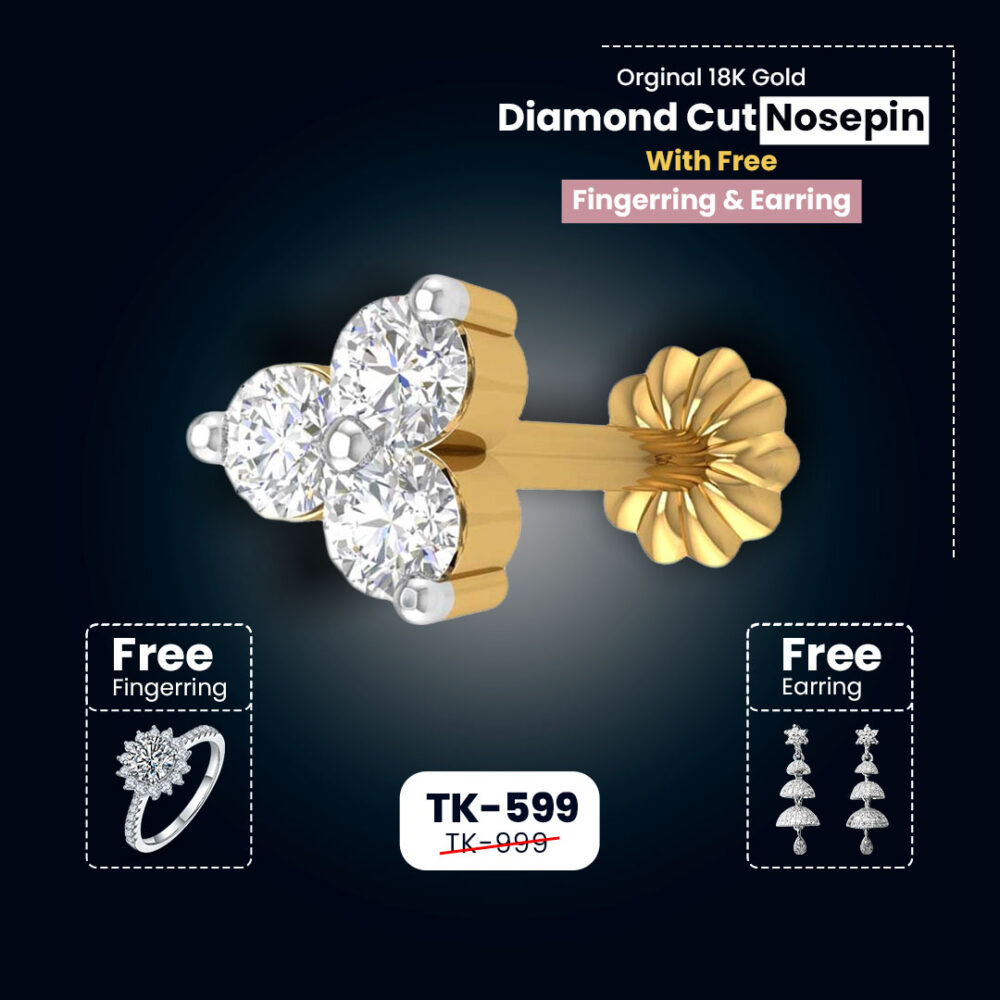 3 stone Traditional 18K gold Diamond Cut Nosepin with Free Finger Ring + Earring