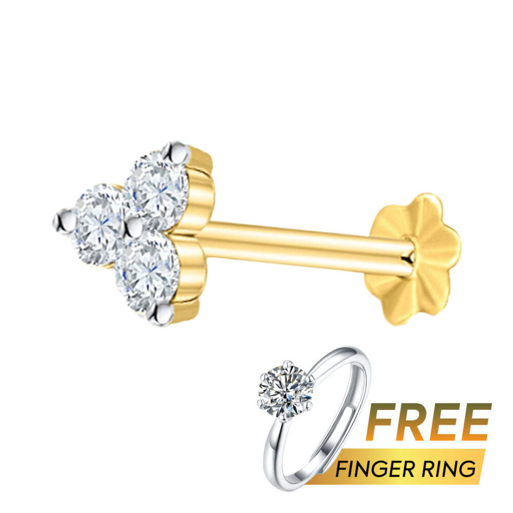 3 stone Traditional 18K gold Diamond Cut Nosepin + Free Finger Ring