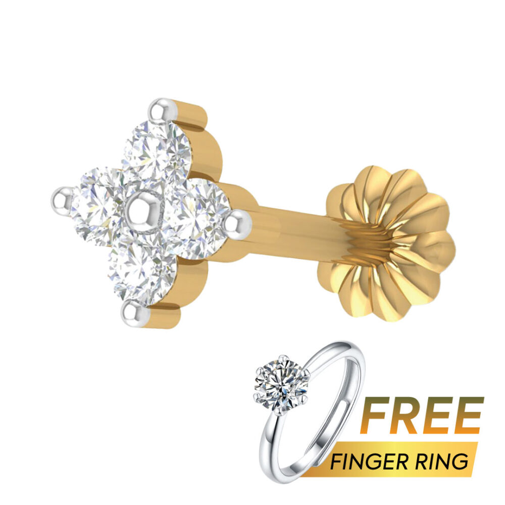 4 stone Traditional 18K gold Diamond Cut Nosepin + Free Finger Ring