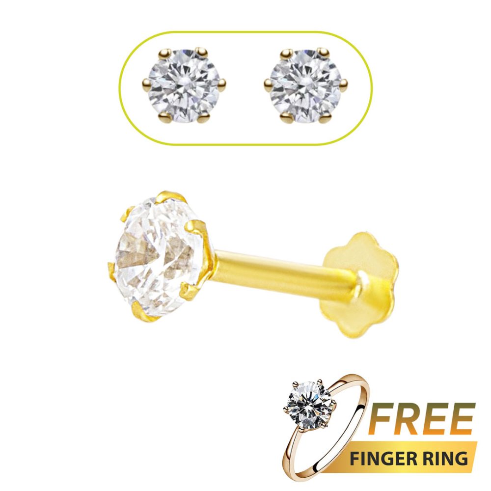 1 Stone Traditional 18K gold Diamond Cut Nosepin + Earpin and free Finger Ring