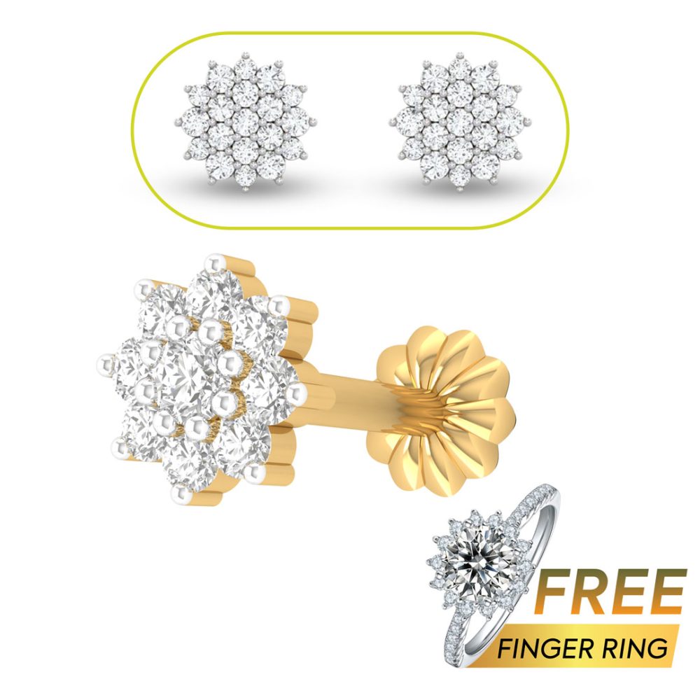 9 Stone Traditional 18K gold Diamond Cut Nosepin + Earpin and free Finger Ring