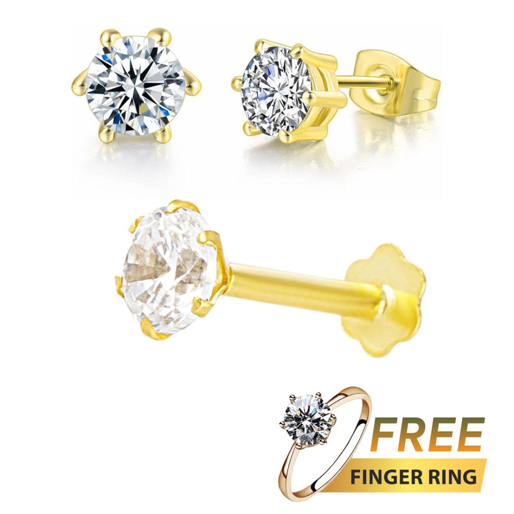 1 Stone Traditional 18K gold Diamond Cut Nosepin + GP Earpin and free Finger Ring