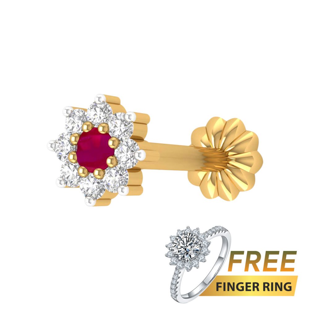 9 stone Traditional 18K gold Diamond Cut Middle Pink Nosepin + Free Finger Ring