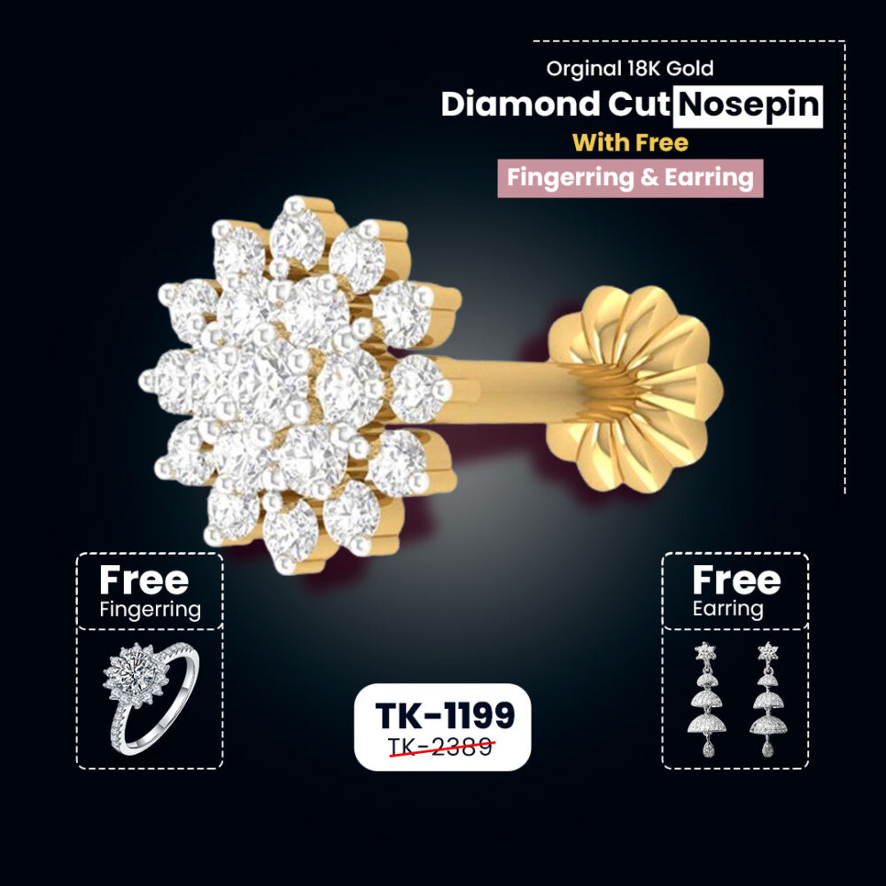 19 stone Traditional 18K gold Diamond Cut Nosepin with Free Finger Ring + Earring