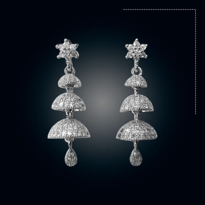 Diamond Cut Multi Stone 3 Layer Silver Color Jhumka
