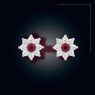 Diamond Cut Multi Stone Middle Red Earpin Silver Colored